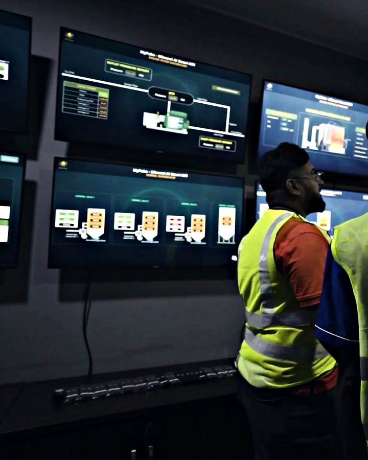 Two operators in yellow hi-vis vests at the control-room console at Minsawi, facing a wall of screens: a MyPalm mill schematic on the large panel above and a row of five station cards with green and amber indicator rows below it, the console keyboard on the desk in front of them. A frame from AIREI’s own footage.