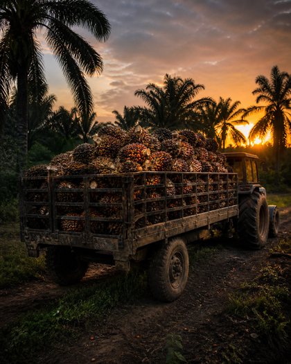 A tractor trailer heaped with fresh fruit bunches parked at the edge of an estate track at dusk, palms silhouetted behind in the last warm light.