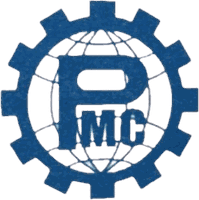 PMC — roda gear biru di atas satu glob, dengan huruf PMC melintasi tengahnya.