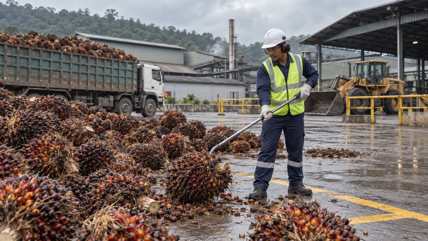 Seorang penggred memeriksa timbunan buah tandan segar dengan mata kasar di ramp kilang