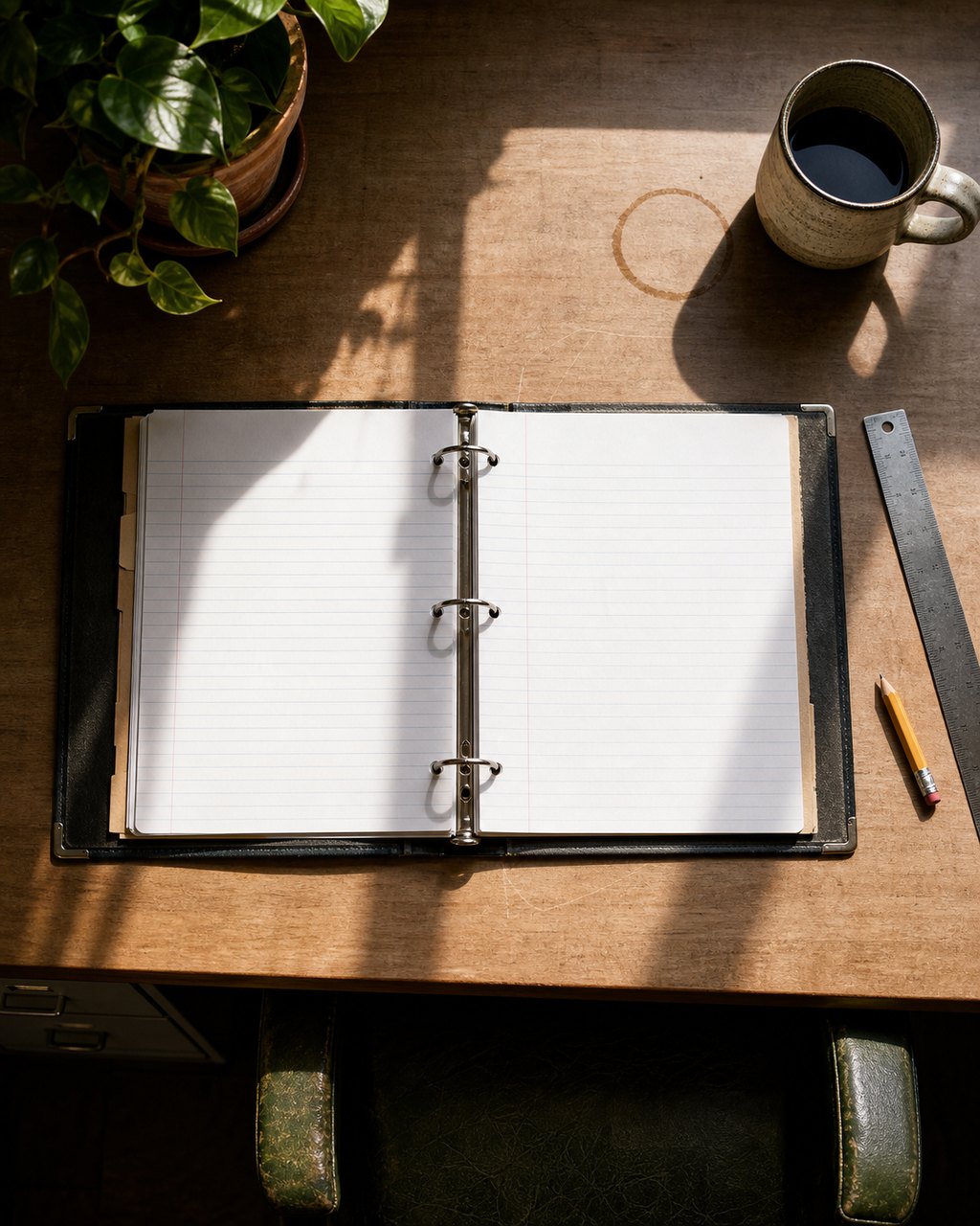 An estate office desk seen from above: a worn ring binder lying open at blank ruled pages, a metal ruler, a pencil and a mug on scratched laminate.