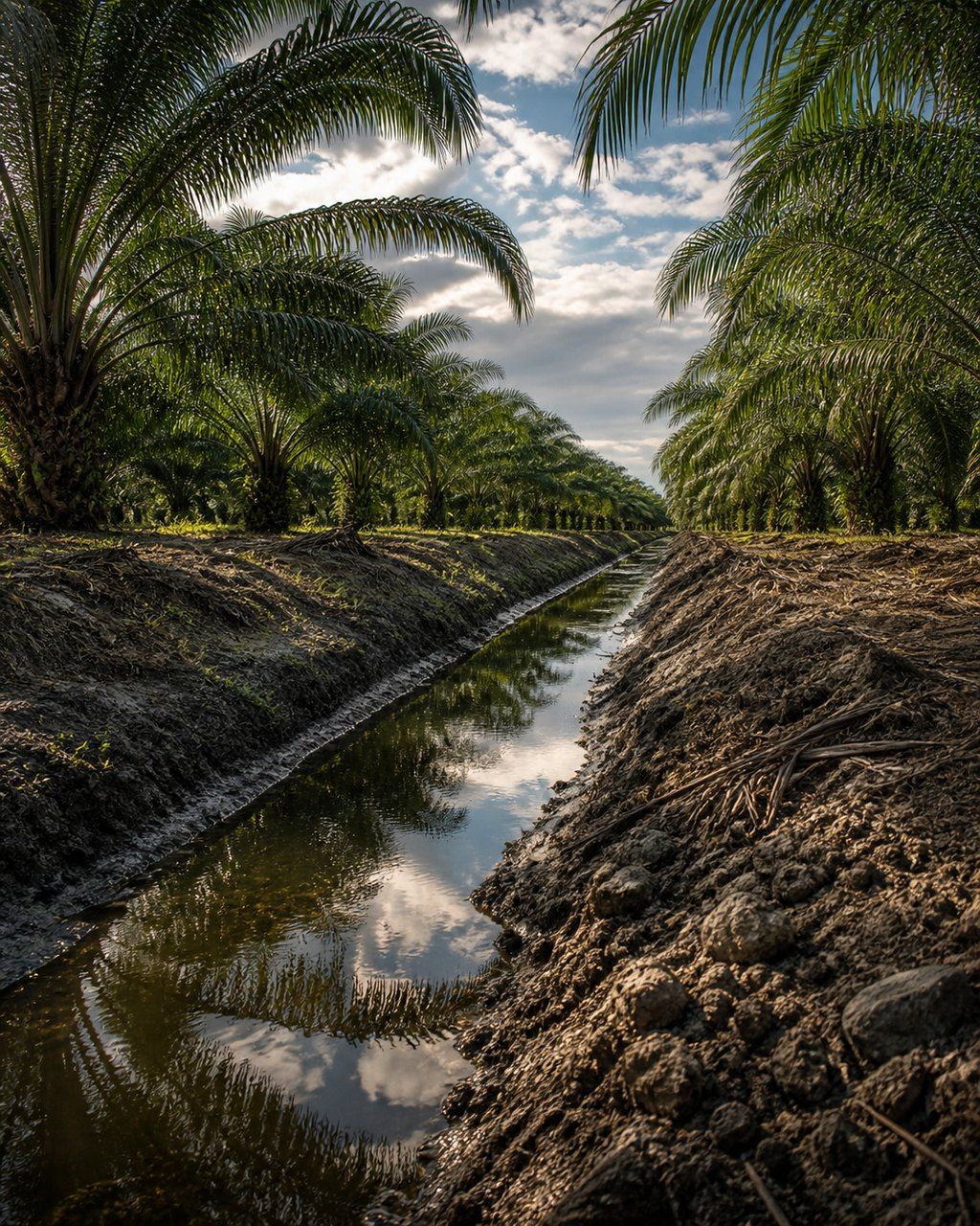 A hand-dug boundary drain running diagonally away from camera between two oil palm plots, water in the bottom catching the sky, fronds arching over from both sides.