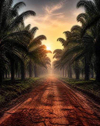 A red-earth estate road running straight away from camera between mature oil palms at first light, mist lying low between the trunks.