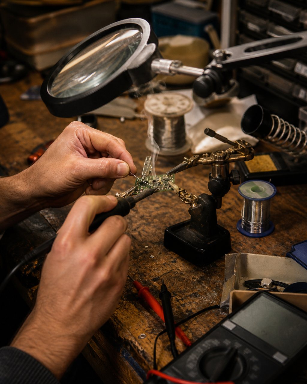 A worker’s hands soldering a small circuit board at a cluttered electronics bench, a magnifier arm and multimeter beside them under warm task light. No face is visible.