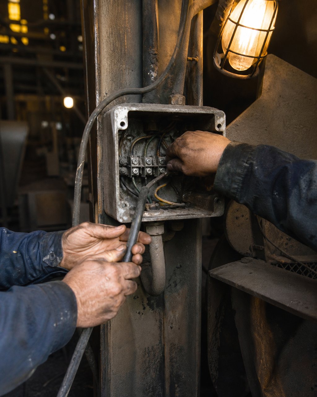 Two pairs of hands wiring a field junction box on a steel post at a mill, one holding a cable while the other tightens a terminal. No faces are visible.