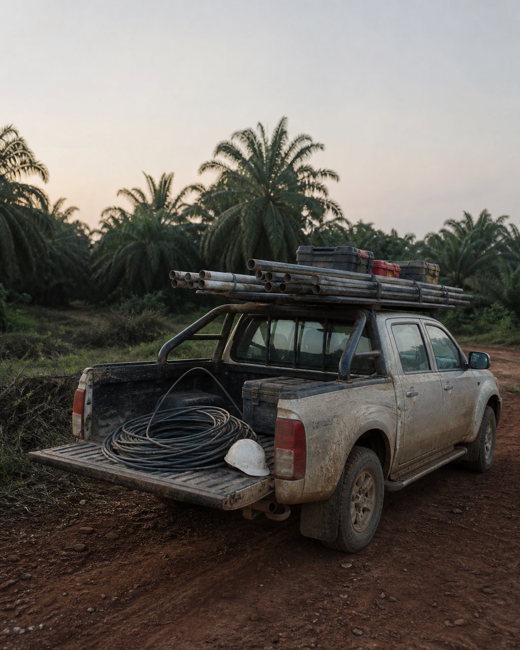 A dusty pickup with a roof rack of conduit parked on a red-earth estate track at first light, its tailgate down with a coil of cable and a hard hat on it.