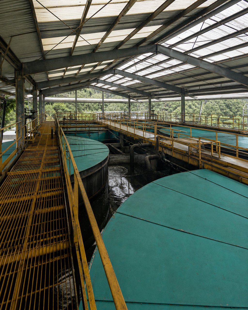 Clarification tanks under a mill roof, their green covers and steel walkways receding into the shed with daylight coming through the roof lights.