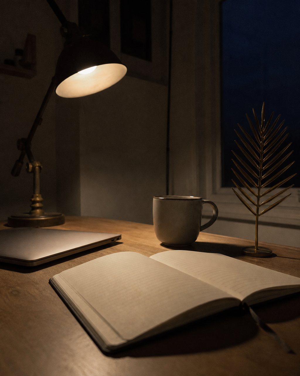 An engineer’s desk at night: a closed laptop, a notebook open at blank pages, a mug and a small brass ornament under one warm desk lamp.