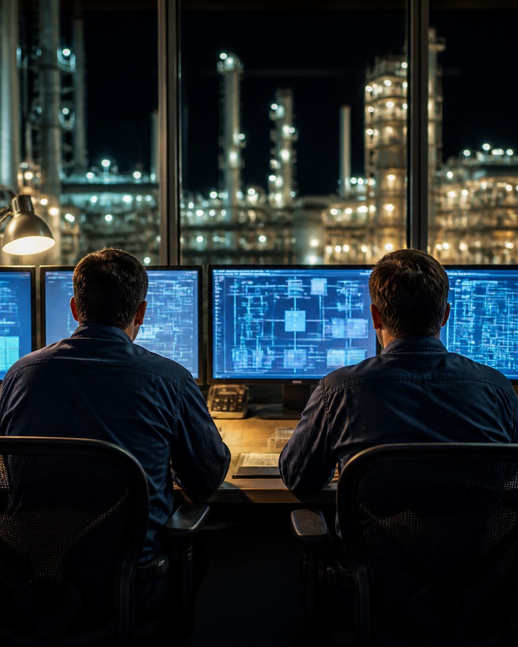 Two people seen from behind at a control desk at night, side by side in front of four monitors of blue process graphics, a lit processing plant visible through the window beyond. Their faces are not visible.