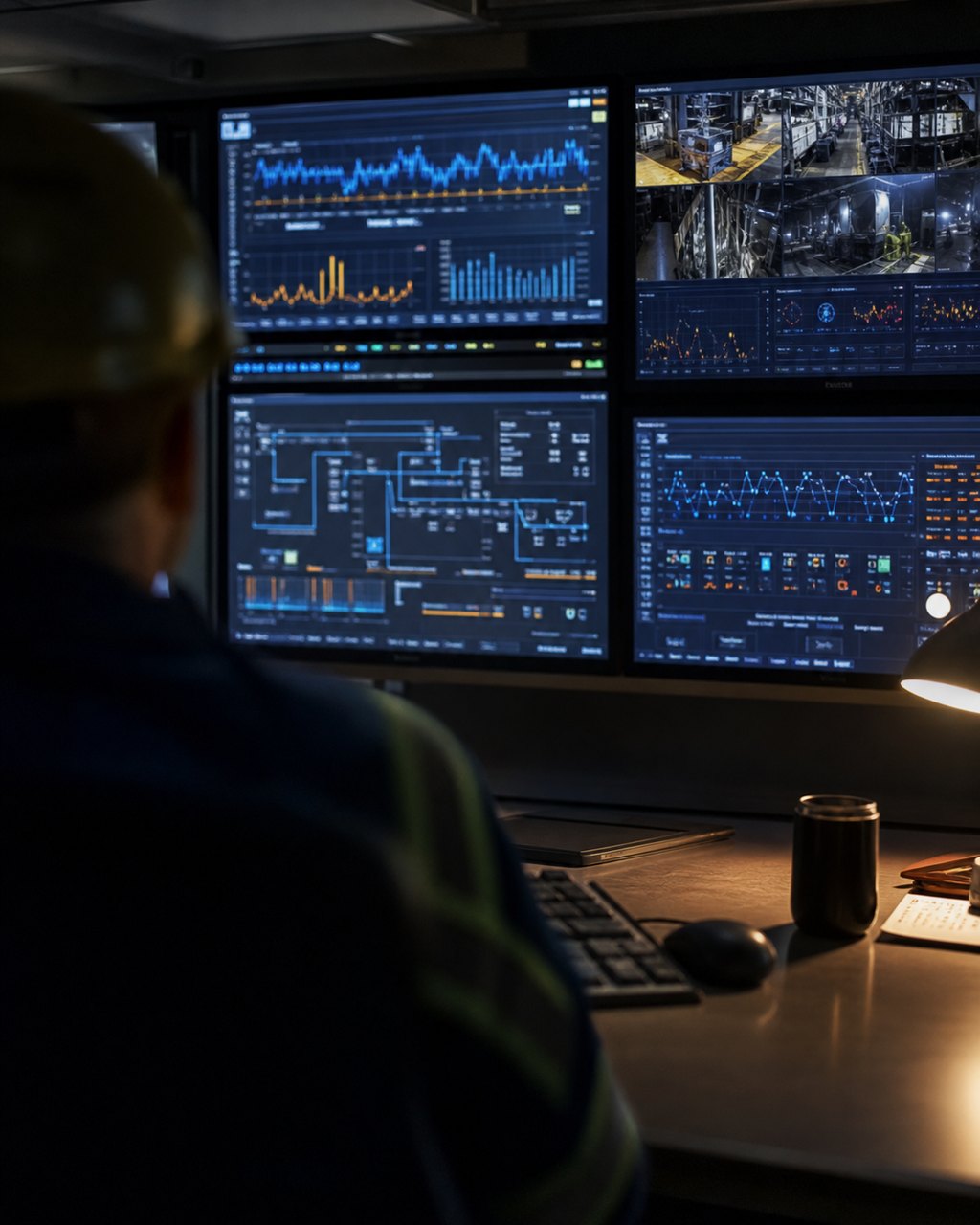 A mill operator seen from behind at a data-room console, facing a bank of screens carrying blue process graphics, charts and plant views. Their face is not visible.