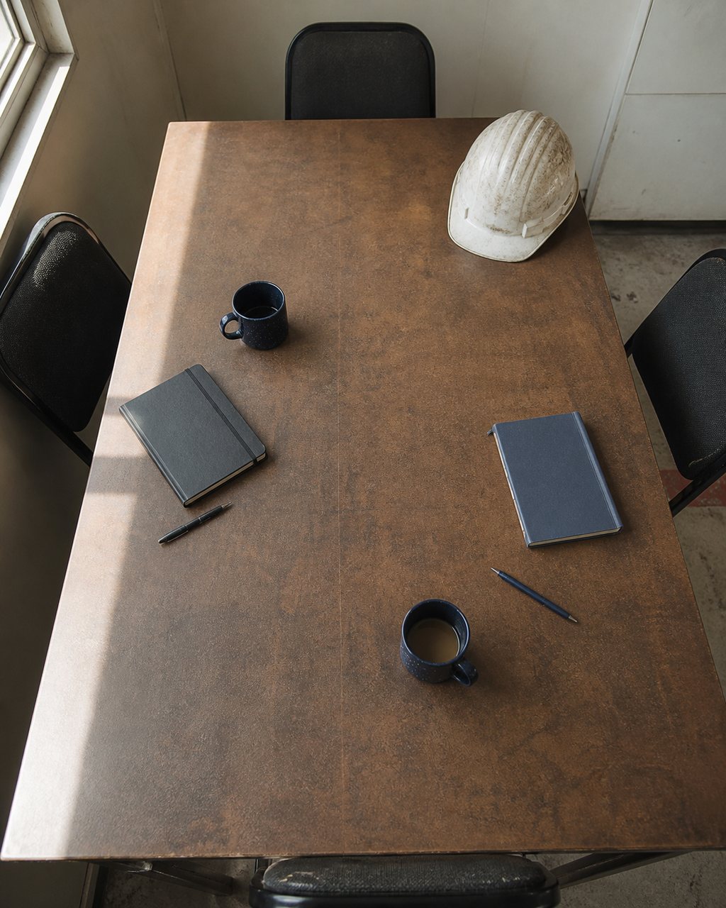 A plain meeting table in a mill site office seen from above: two closed notebooks, two pens, a mug and a hard hat resting on one corner.