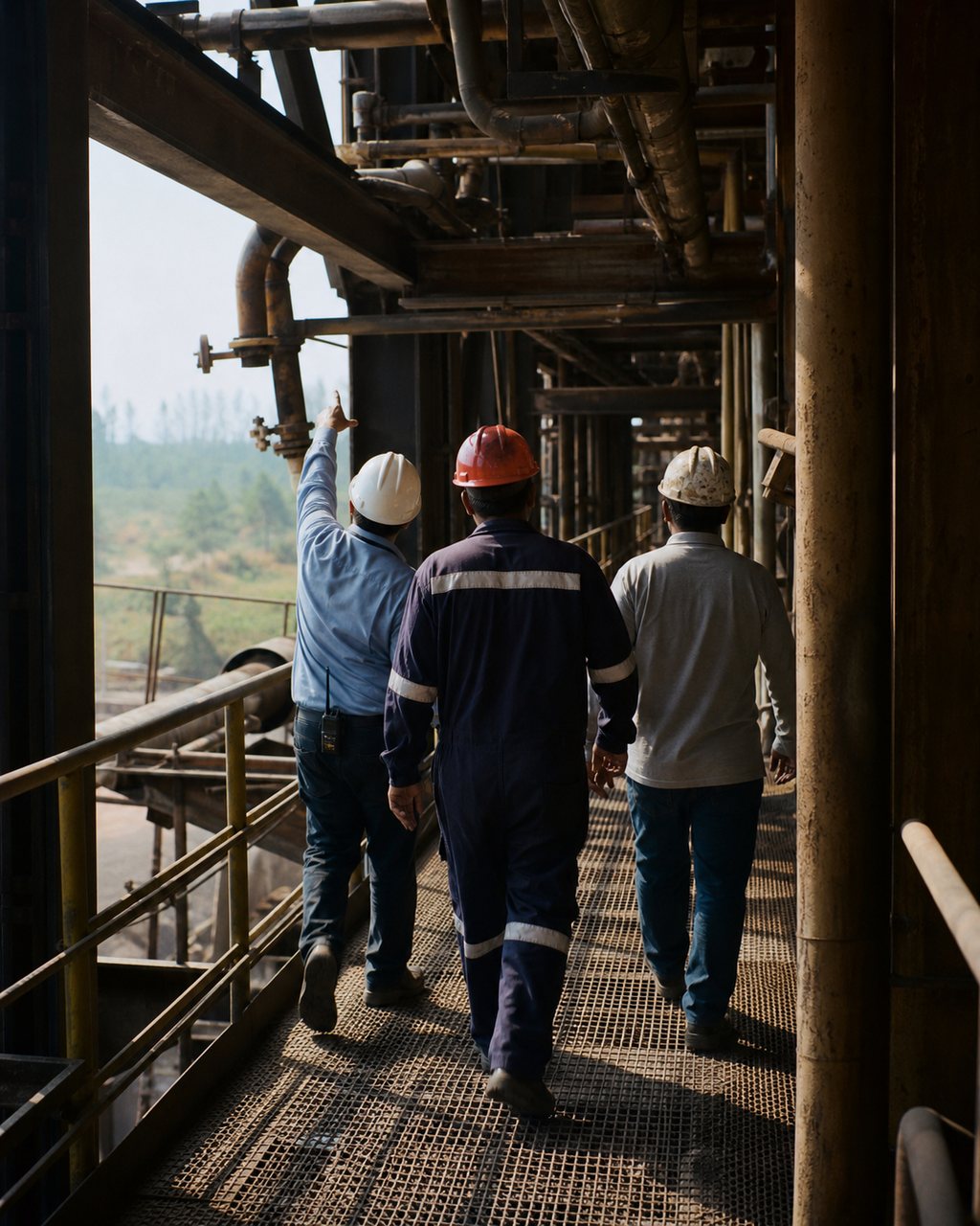 Three people in hard hats walking away from camera along a mill gantry, one gesturing at pipework overhead. No faces are visible.