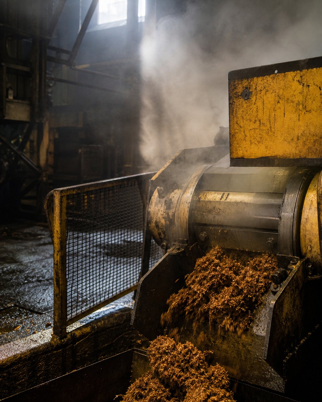 A screw press in operation, pressed fibre extruding in a thick mat from the outlet with steam rising off it and a yellow machine guard above.