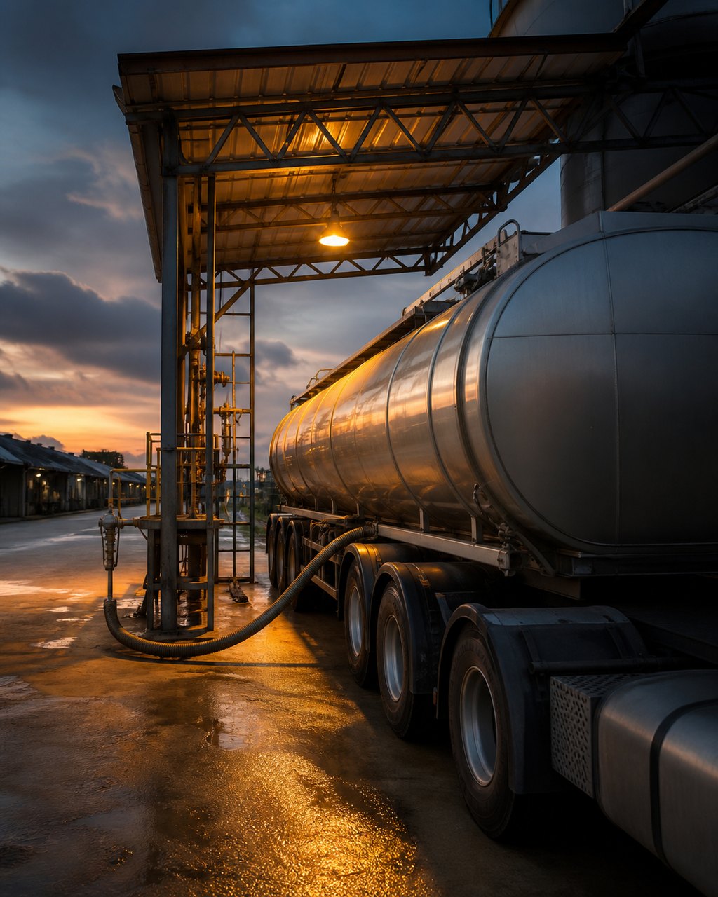 A road tanker parked under a loading gantry at a palm oil mill at dusk, its hose connected, a lamp burning overhead on wet concrete.