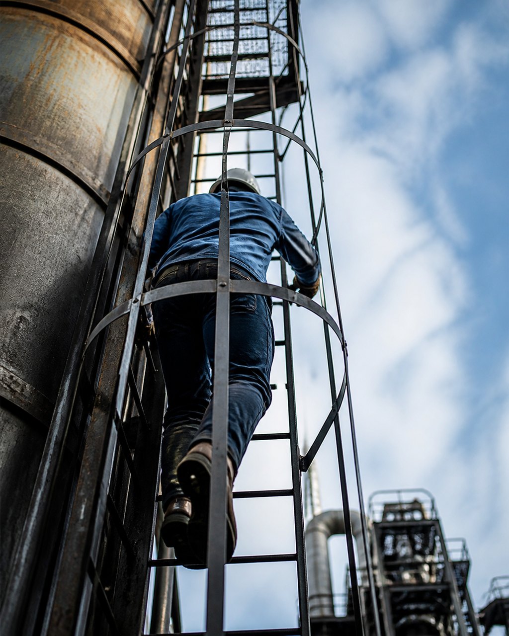 A person in a hard hat climbing a caged steel ladder on the outside of a mill vessel, seen from below and behind against a bright sky.