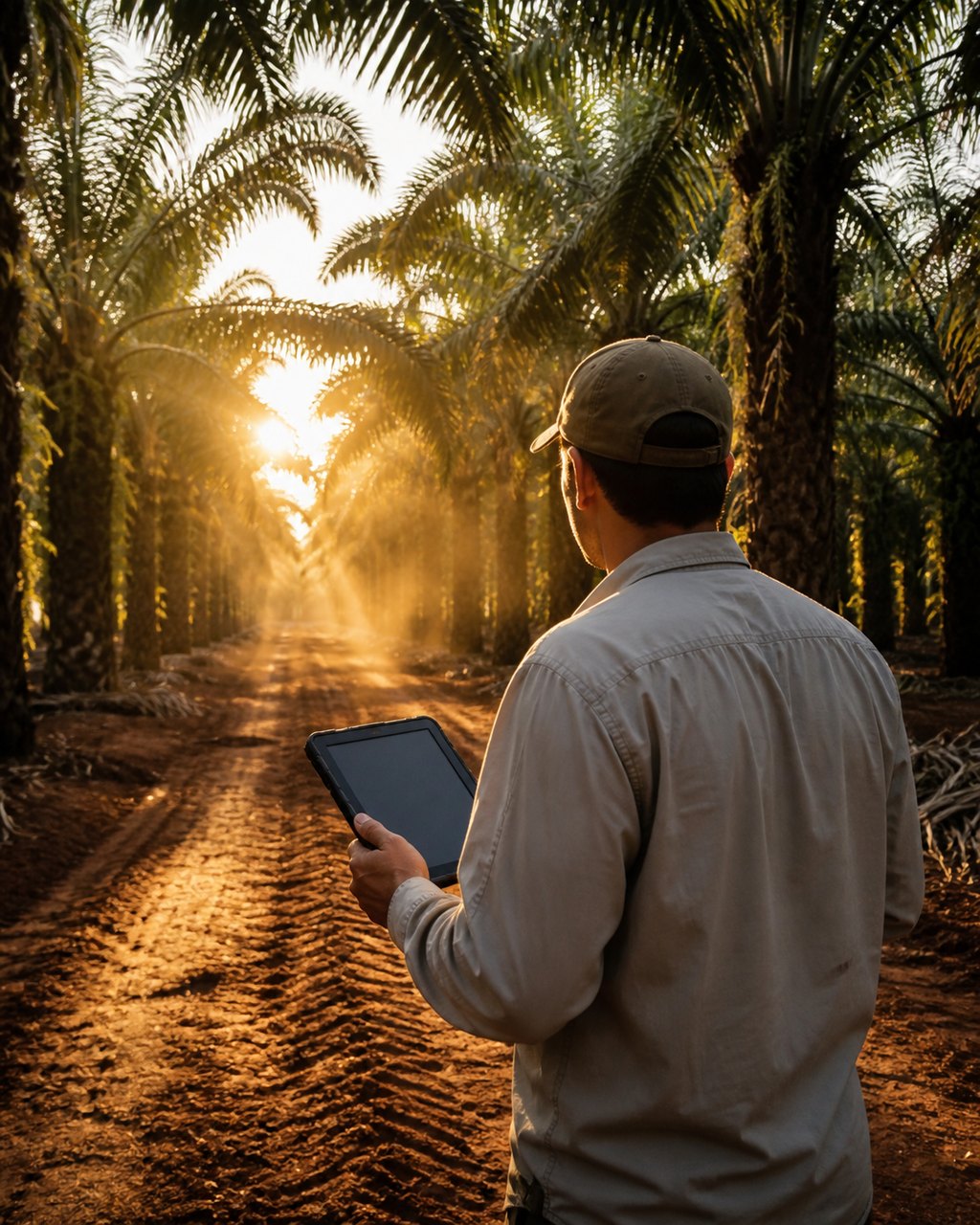 Seorang lelaki berbaju pucat dan bertopi, dilihat dari belakang, memegang sebuah tablet gelap di sisinya di atas denai estet yang berkabus antara pokok sawit matang pada waktu senja keemasan.