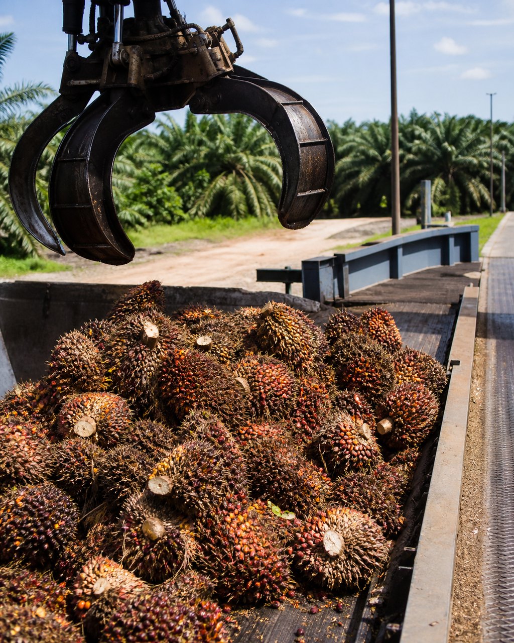 A grapple crane lifting fresh fruit bunches onto a mill reception ramp, a heaped load below it and mature oil palms along the boundary behind.