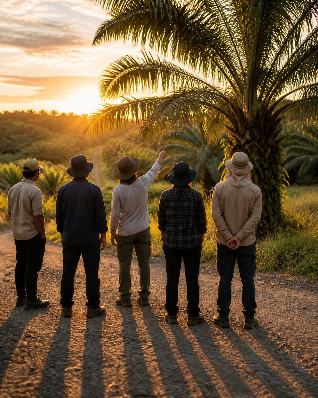 Five people standing in a line on a red-earth estate track at sunset, seen from behind with long shadows reaching toward the camera, one of them pointing up at an oil palm.