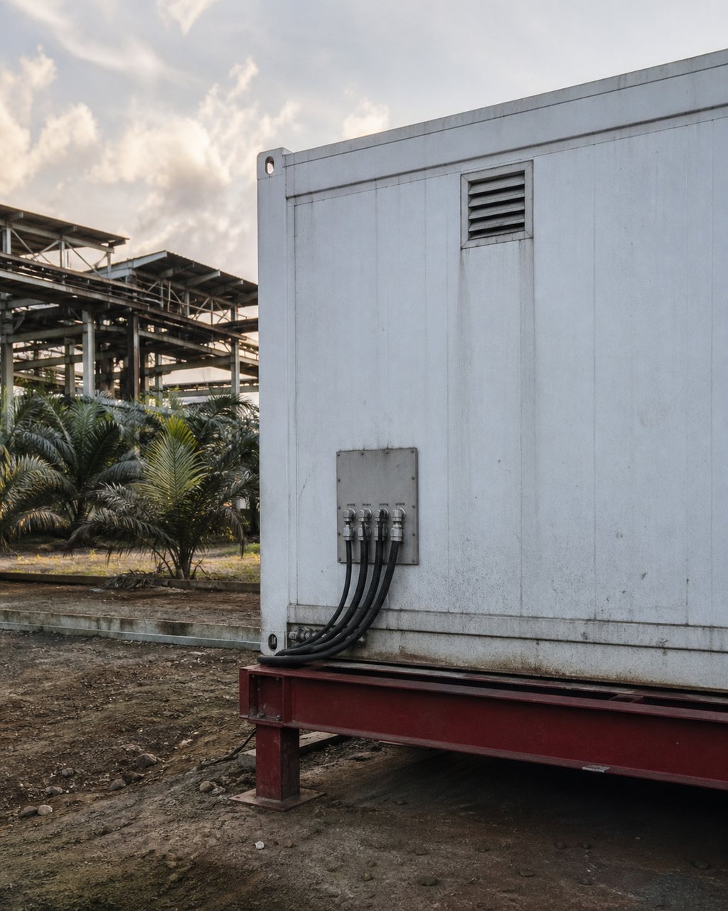 The flank of a white shipping-container unit standing on a red steel plinth beside a palm oil mill, a cable gland plate and a vent on its side.