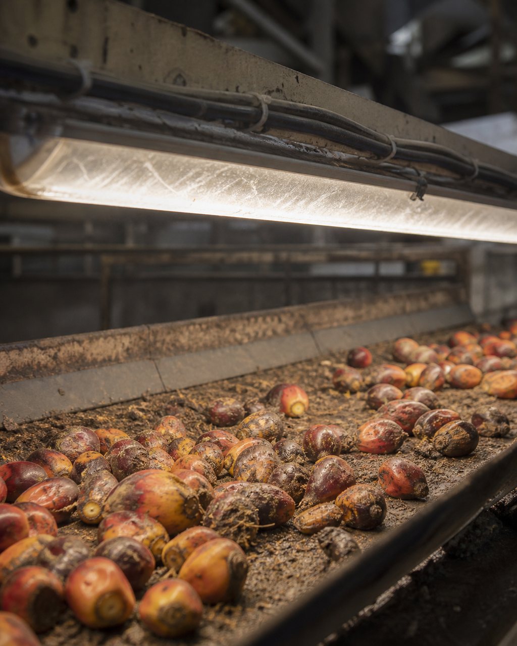 A long LED illumination bar mounted above a mill conveyor, its diffuser scratched and dust-flecked, throwing hard even light onto oil palm fruit below.