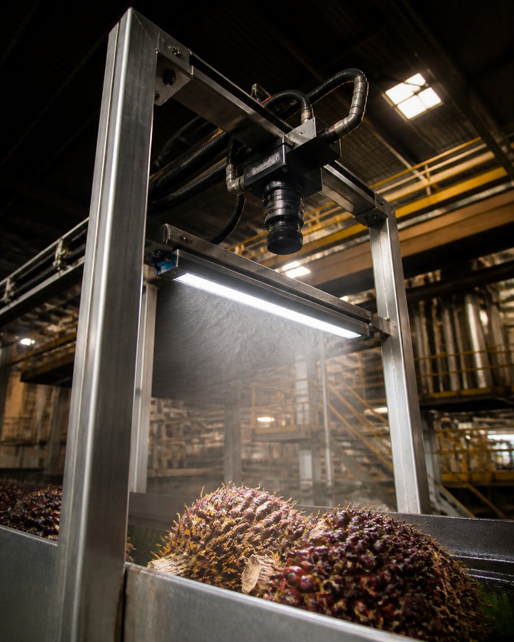 An industrial machine-vision camera and LED bar mounted on a steel frame above a mill conveyor, cables routed along the frame, haze in the air catching the light.