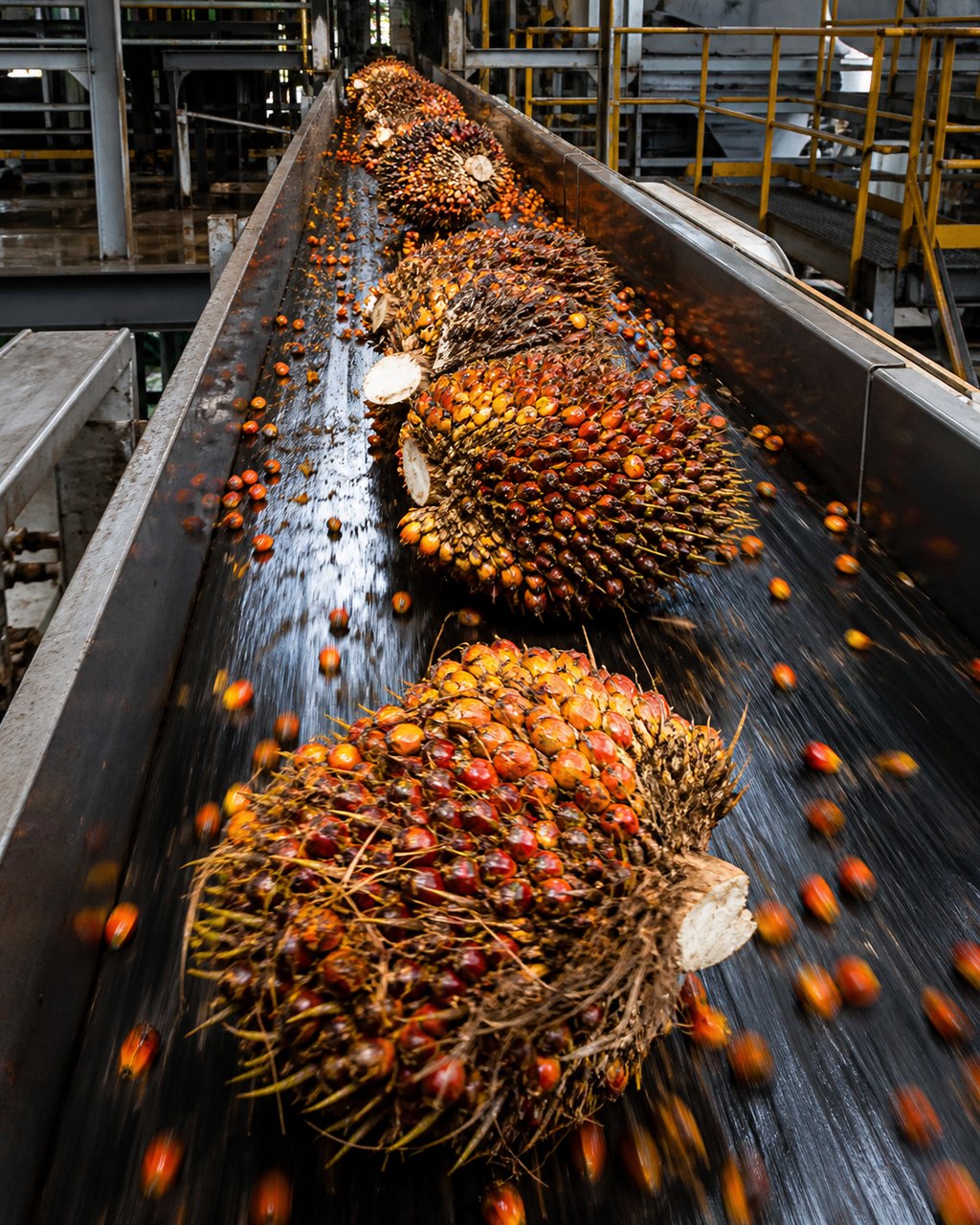 Fresh fruit bunches moving along a steel conveyor inside a mill under bright industrial lighting, loose fruitlets scattered across the belt.