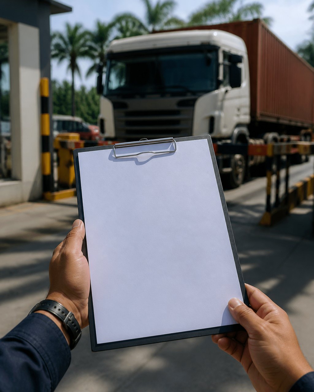 A clipboard held at chest height at a mill gate, its form completely blank, with lorries out of focus behind in tropical daylight. No face is visible.