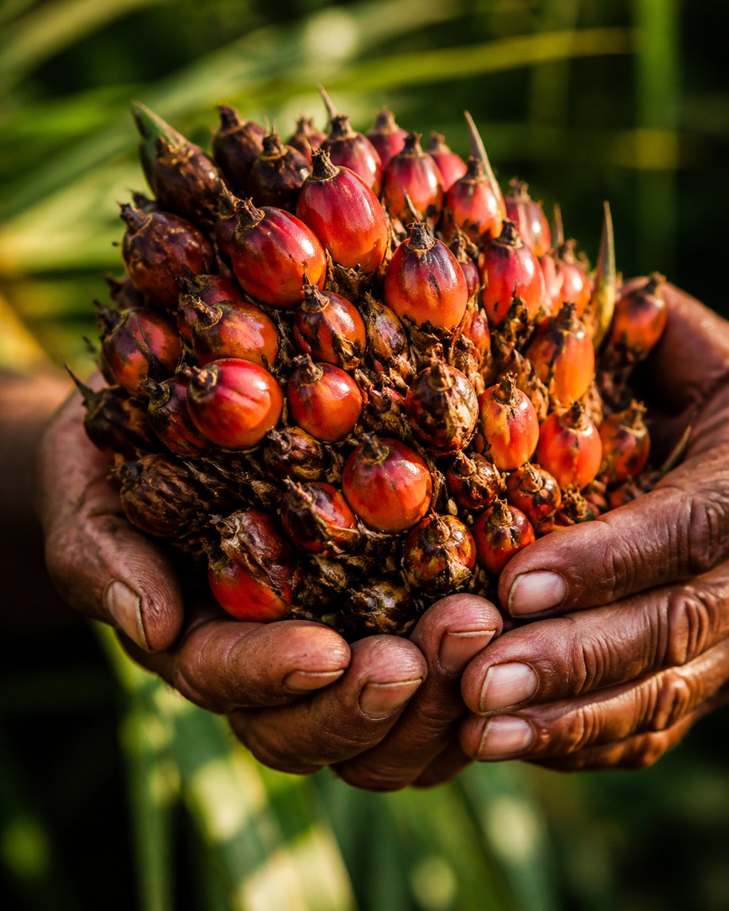 Tangan seorang pekerja ladang yang lasak memegang sebiji buah tandan segar sawit yang matang, buah kecilnya berwarna jingga kemerahan pekat menangkap cahaya pagi keemasan yang rendah.