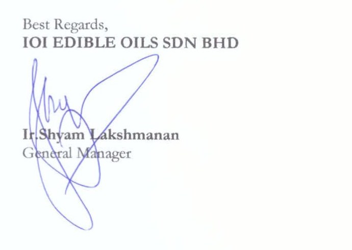 A crop of the foot of the IOI Edible Oils letter: the words Best Regards above IOI EDIBLE OILS SDN BHD in capitals, a large blue ink signature looping down through the space beneath them, and the printed name Ir. Shyam Lakshmanan over the title General Manager.