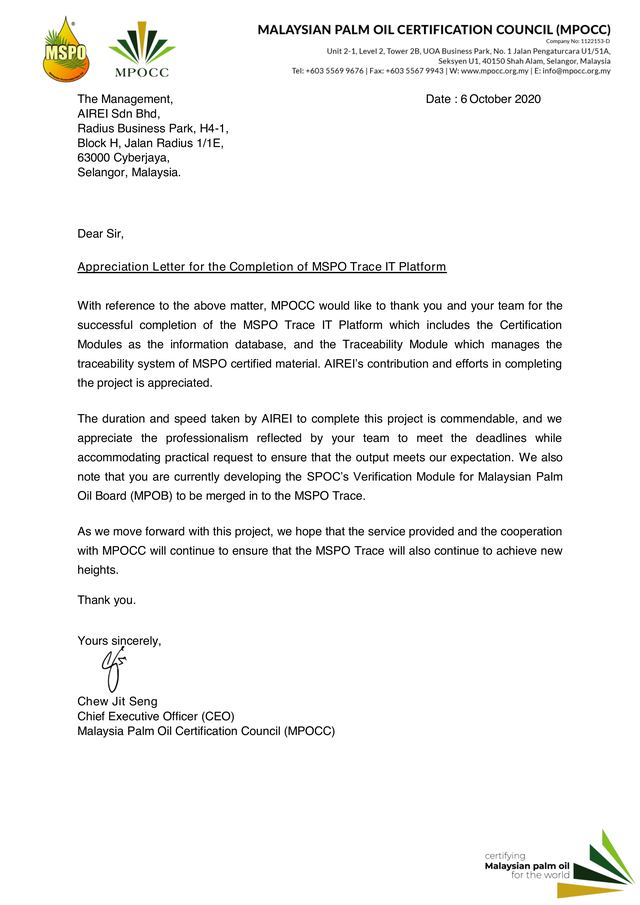 A one-page letter on Malaysian Palm Oil Certification Council letterhead, the green MSPO and MPOCC marks at the top left and a Shah Alam address block at the right. It is dated 6 October 2020, addressed to The Management, AIREI Sdn Bhd, and headed Appreciation Letter for the Completion of MSPO Trace IT Platform. Four paragraphs run down the page and close Yours sincerely over an ink signature, the name Chew Jit Seng and the title Chief Executive Officer. A green device at the foot reads certifying Malaysian palm oil for the world.