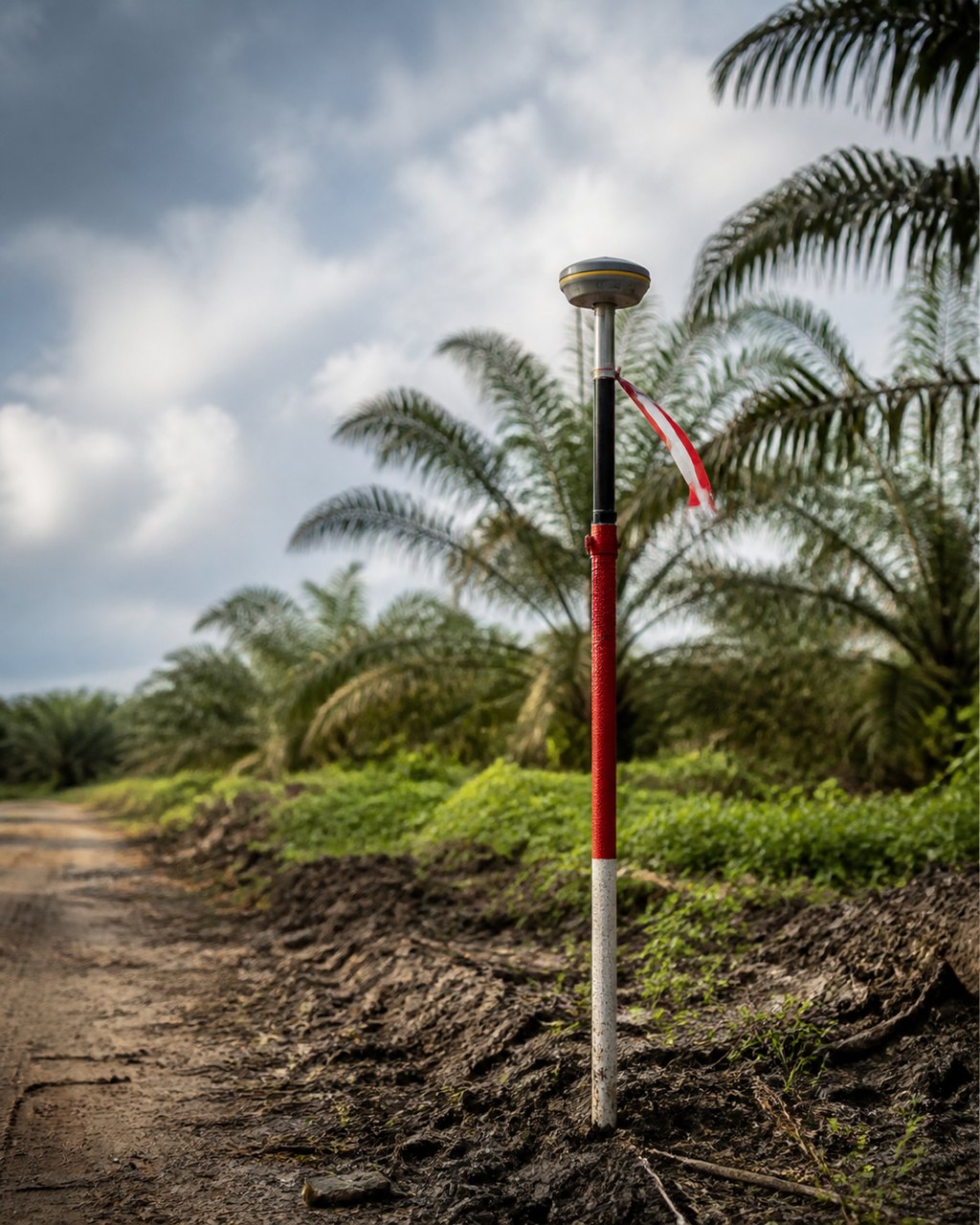 A survey pole with an antenna head standing in soft ground at the edge of a palm plot, flagging tape tied near the top, palms and sky behind.