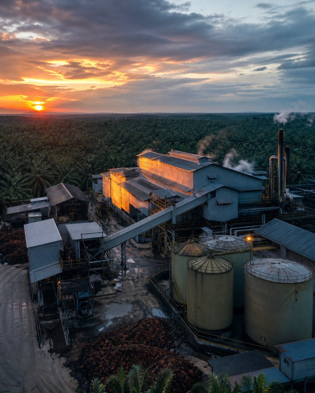 An aerial view over a palm oil mill at sunset: corrugated sheds, storage tanks and a conveyor gantry, with oil palm canopy running to the horizon behind.