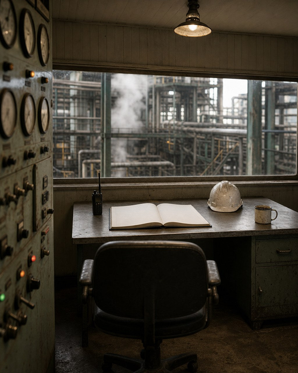 A mill control room: a wall of round dial gauges and toggle switches down one side, a metal desk under a window carrying an open blank logbook, a handheld radio, a white hard hat and an enamel mug. An empty chair faces it; through the window, a steam plume rises through mill pipework.