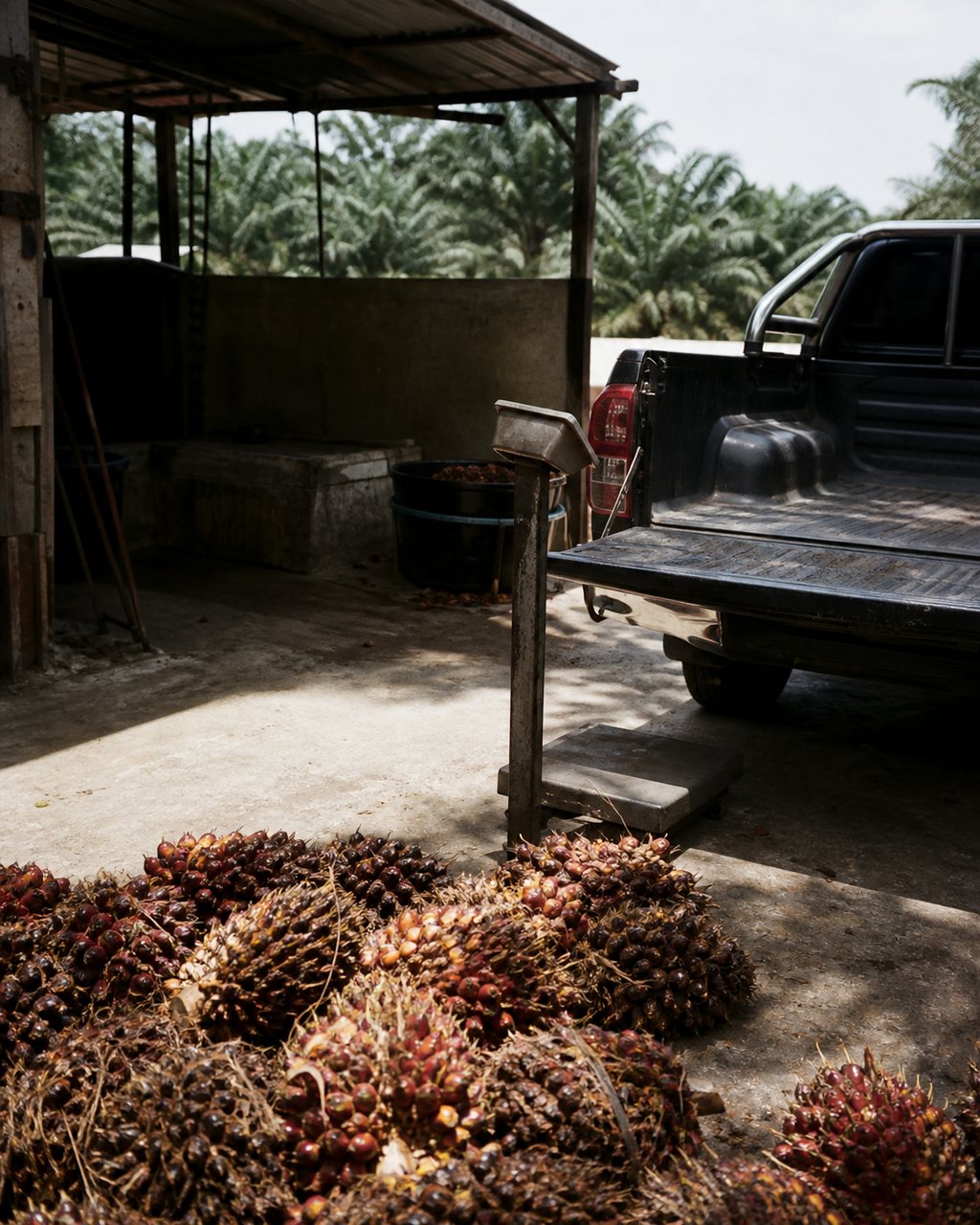A palm fruit dealer’s yard: an open-sided shed, a small weighing platform, a heap of oil palm bunches on bare concrete and a parked pickup with its tailgate down.