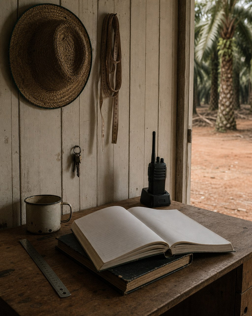 A plank-walled estate shed: a woven straw hat and a cloth measuring tape hang on the wall beside a nail of keys, a handheld radio stands in its charging cradle, and an open blank ledger lies on two older bound books on a wooden desk with a steel rule and an enamel mug. The doorway opens onto red earth and oil palms.