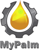 The MyPalm mark: a glossy amber oil droplet inside a grey steel gear ring, with the word MyPalm set in grey beneath it.