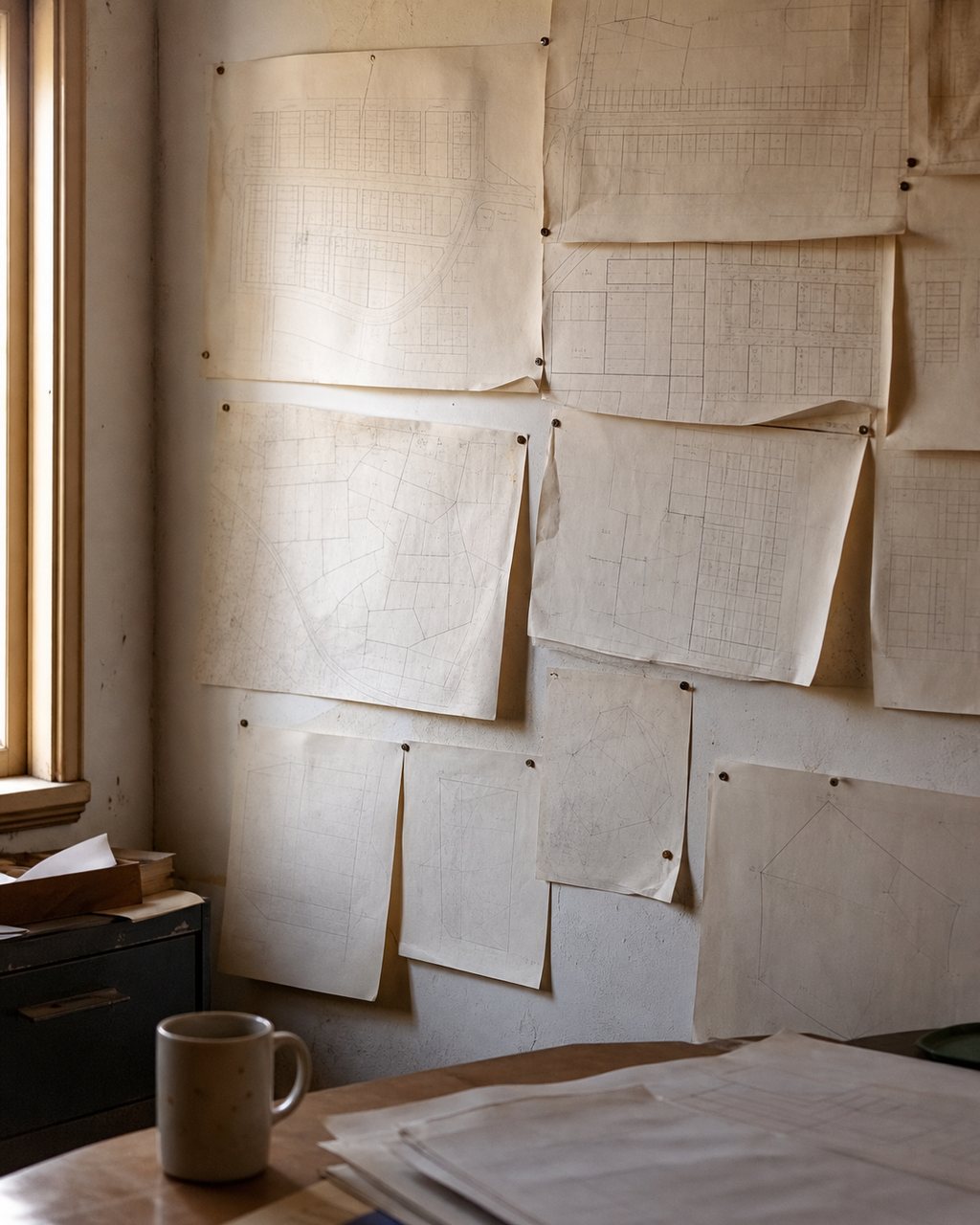 An estate office wall covered with pinned paper block maps and schedules curling at the corners, a desk edge and a mug in the foreground.