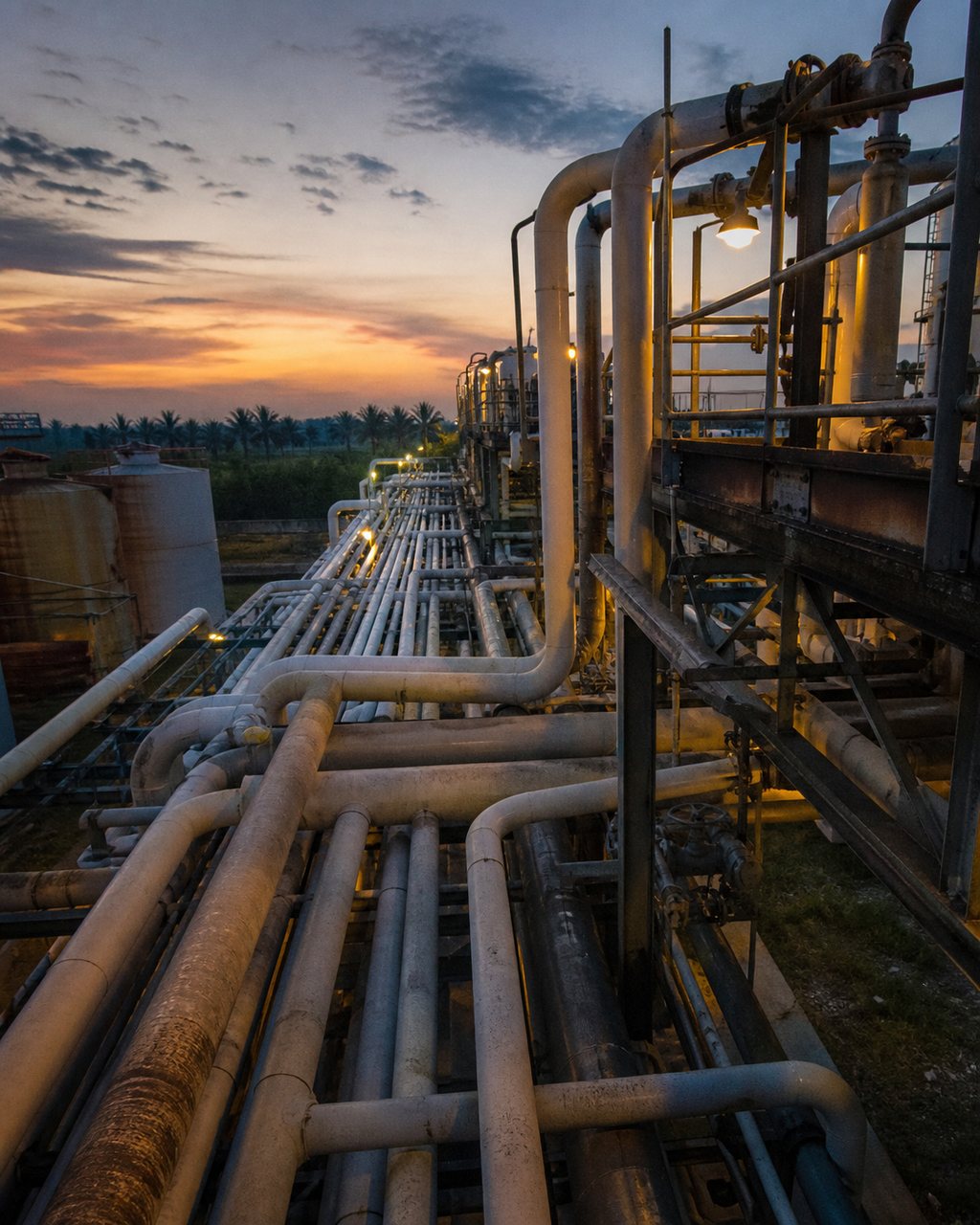 Banks of lagged process pipework running away from the camera along a plant rack at dusk, walkway handrails and a lit lamp on the right, storage tanks on the left and oil palms on the horizon under an orange sky.