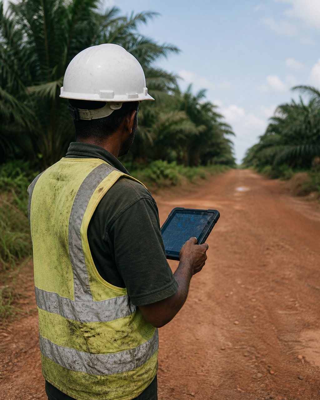 A field supervisor in a hard hat and hi-vis vest, seen from behind, holding a rugged tablet on a red-earth estate road between oil palms. No face is visible.