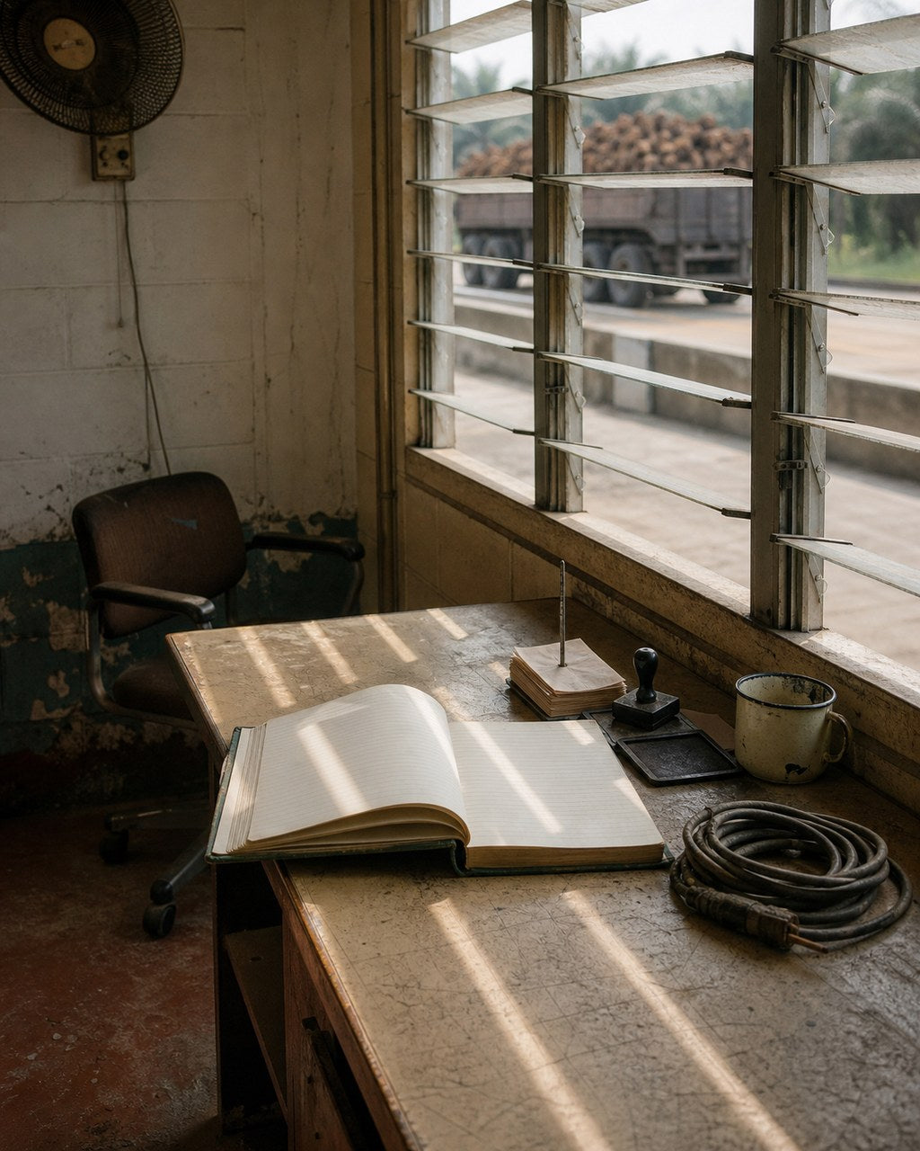 A weighbridge office: a wooden desk under louvred windows carrying an open ruled ledger, a spike file of chits, a rubber stamp on its ink pad, an enamel mug and a coiled cable. A wall fan and a worn office chair sit behind; through the louvres, a lorry loaded with fresh fruit bunches waits on the apron.