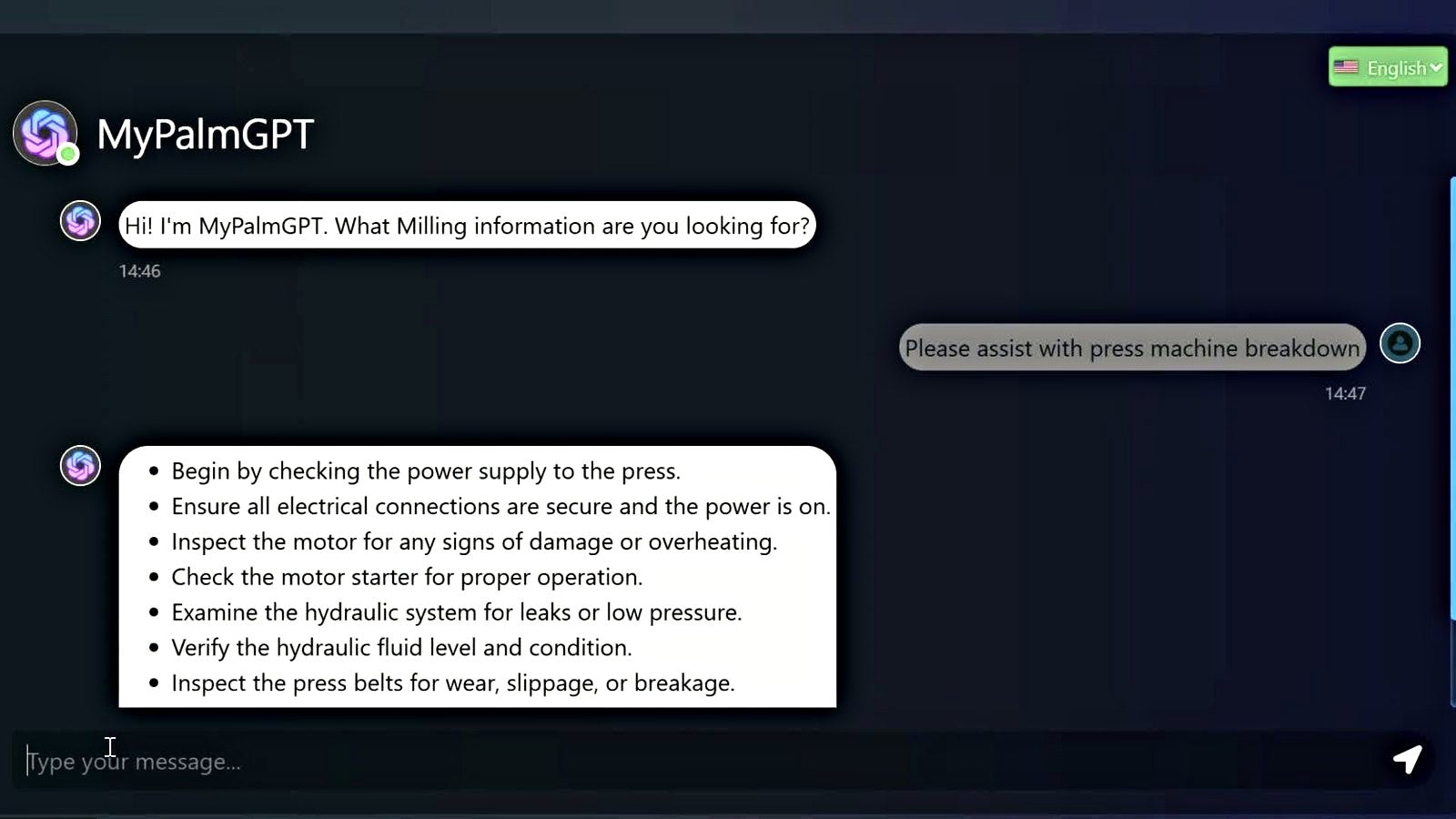 The MyPalmGPT chat window: an operator types "Please assist with press machine breakdown" and the assistant answers with a seven-point checklist beginning with checking the power supply to the press.