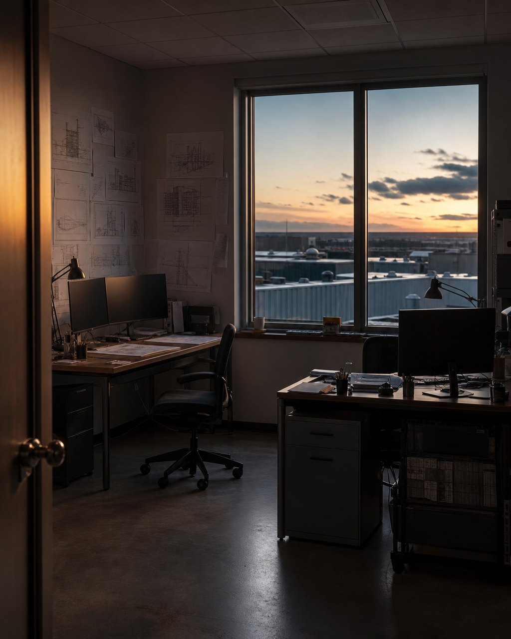 A quiet engineering office at dusk: two desks with dark monitors, technical drawings pinned unevenly on the wall, a window onto industrial rooftops under a fading sky.