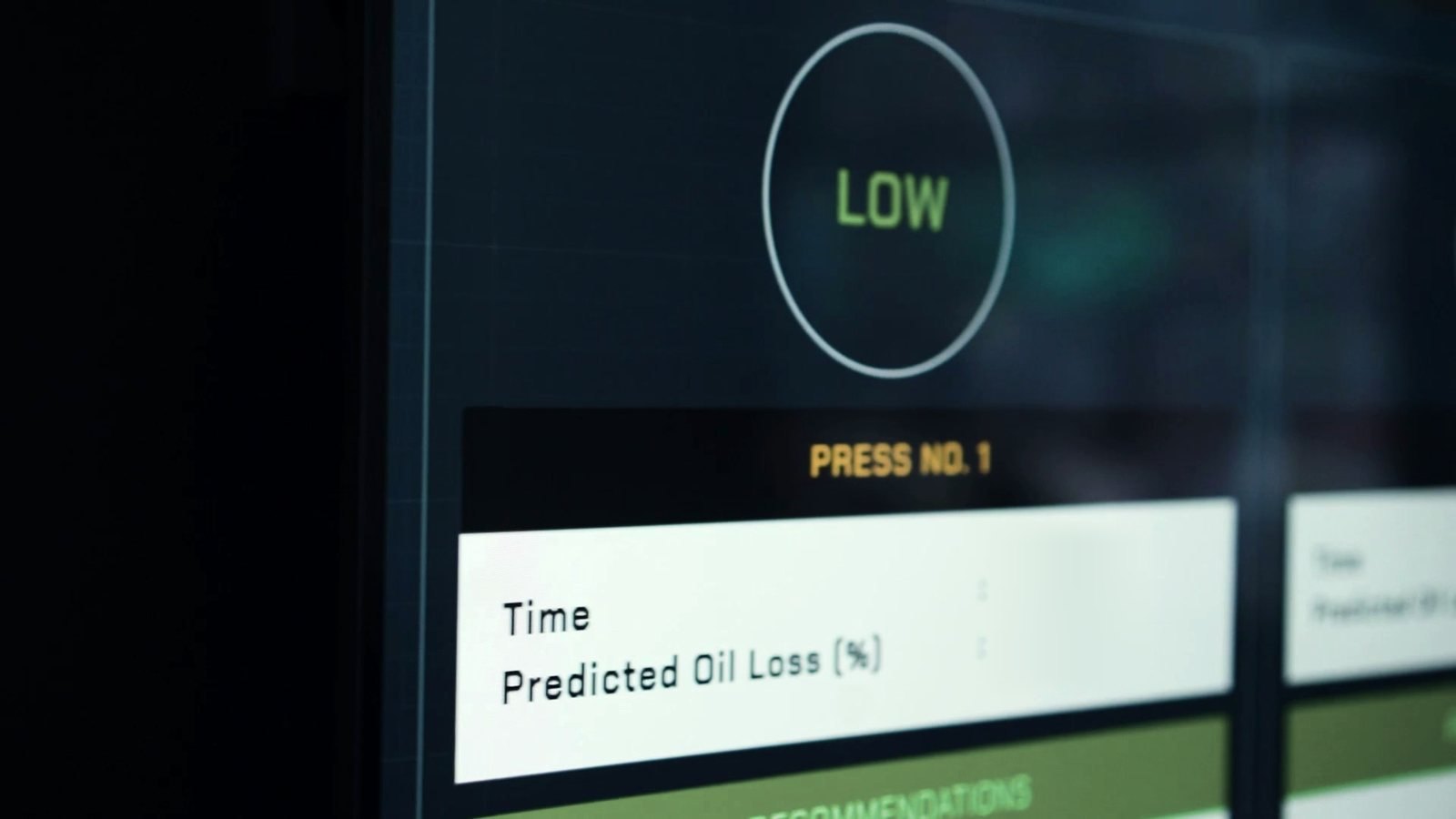 An angled photograph of a control-room screen in the mill. A panel headed PRESS NO. 1 shows a status ring reading LOW, with rows labelled Time and Predicted Oil Loss in per cent, and a RECOMMENDATIONS band beneath them. The two live values beside those labels are blurred out. A second identical panel for the next press is visible alongside.