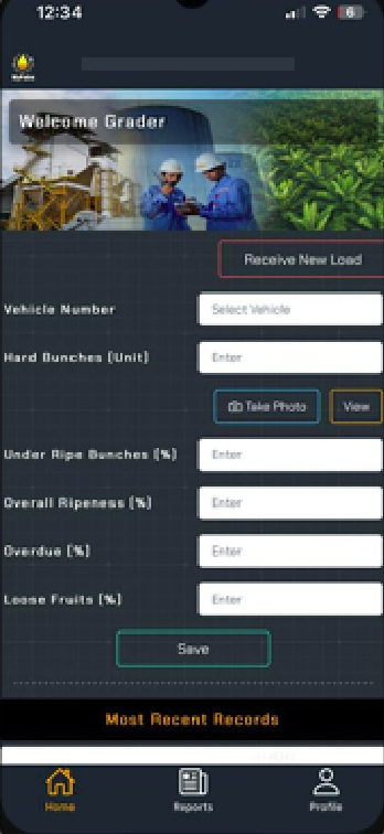 A phone screen: a status bar, then a small MyPalm droplet beside a grey bar painted over the account line, then a Welcome Grader banner photograph of two workers in blue overalls and white helmets. Under a Receive New Load button sits a form &mdash; Vehicle Number, Hard Bunches, a Take Photo and View pair, Under Ripe Bunches, Overall Ripeness, Overdue and Loose Fruits &mdash; then Save. A bar reading Most Recent Records closes it, above a Home, Reports and Profile tab row.