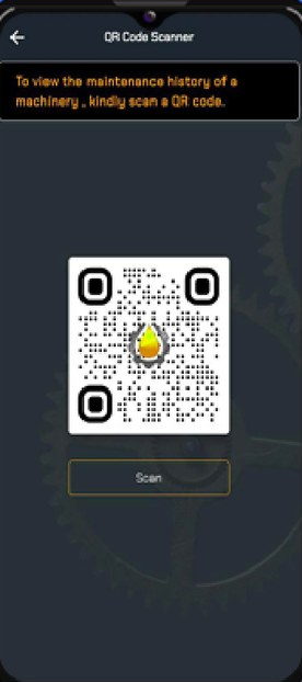 A phone screen headed QR Code Scanner. An amber instruction band reads: to view the maintenance history of a machinery, kindly scan a QR code. Below it sits a large QR code with the MyPalm droplet at its centre, then a gold-outlined Scan button, over a faint gear watermark.