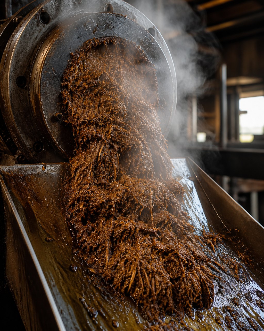 Pressed palm mesocarp fibre extruding in a thick brown mat from a screw press outlet, steam rising off it and oil sheen on the steel chute below.