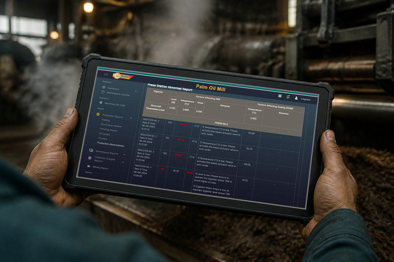 A rugged tablet held in two hands on a mill press floor, steam behind it and press machinery beyond. On it, a dark table headed Press Station Abnormal Report. Its columns group digester level, temperature and motor amps under Factors Affecting OER, and temperature under Factors Affecting Quality, each with its own Remarks column and a row above them printing the abnormal limit for every parameter. Under a press heading, dated digester rows print out-of-limit readings in red, and each Remarks cell spells out an instruction to the operator, including activating the steam actuator valve in auto mode and holding the digester level up to avoid higher oil loss.