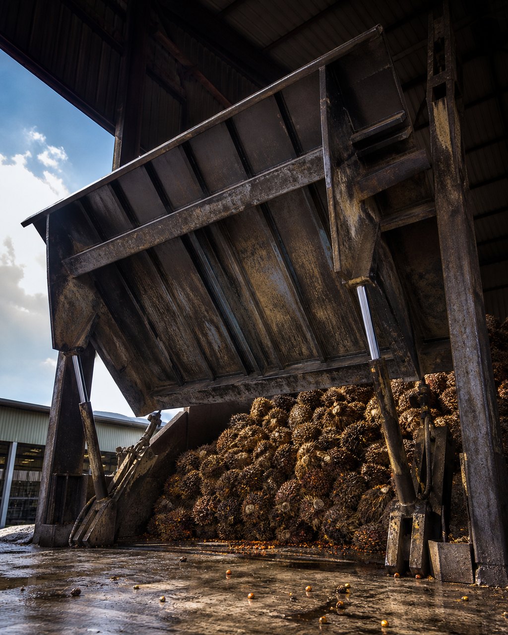 A tipping trailer discharging a load of fresh fruit bunches into a mill receiving bay, the raised steel body streaked with grease and rust in hard daylight.