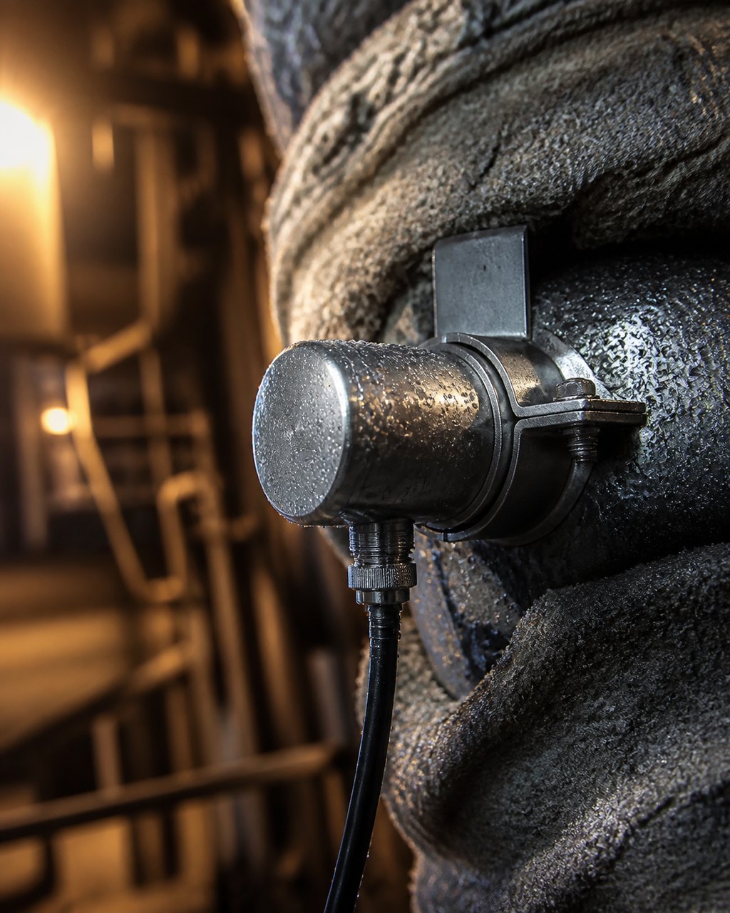 A compact process sensor clamped to a lagged pipe inside a mill, a short cable dropping away, condensation beading on the steel.