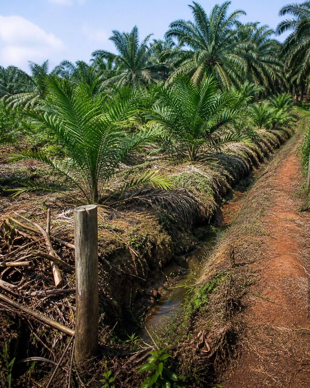 A smallholder's oil palm plot: irregular rows of younger palms, a hand-dug drainage ditch and a footpath of red earth, with a timber marker post at the corner.